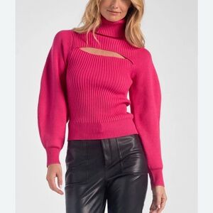 Peek-A-Boo Cut Out Turtleneck Sweater In Fuschia